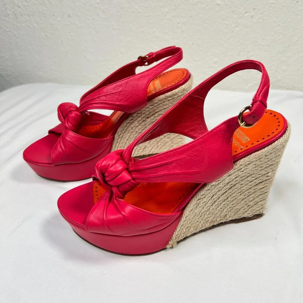 Moschino Cheap and Chic Hot Pink Espadrille Wedges Knot Detail Leather 36 US 6